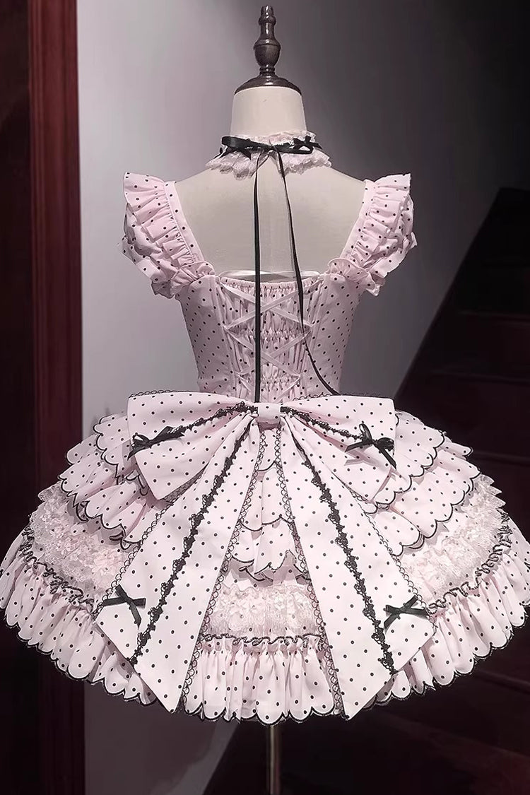 Pink Sleeveless Multi-Layered Polka Dots Printed Ruffled Bow Sweet Princess Lolita Jsk Dress