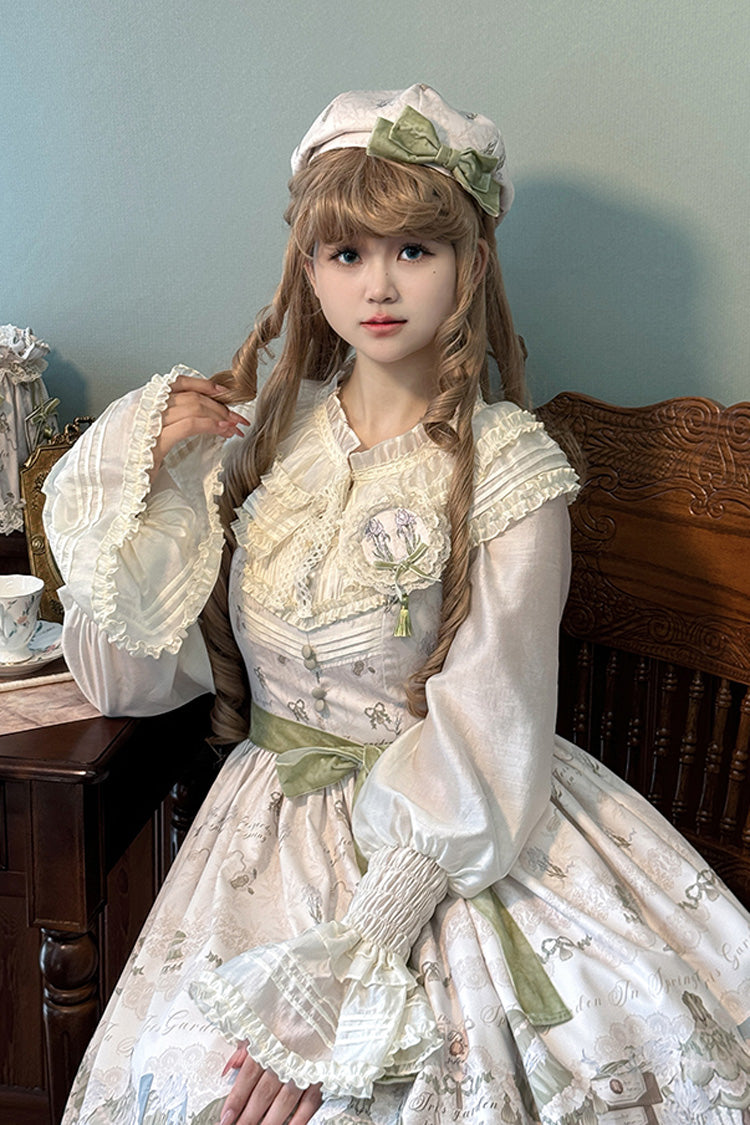 Iris Study V Collar Sleeveless Print Bowknot Lace Sweet Lolita Jumper Dress 2 Colors