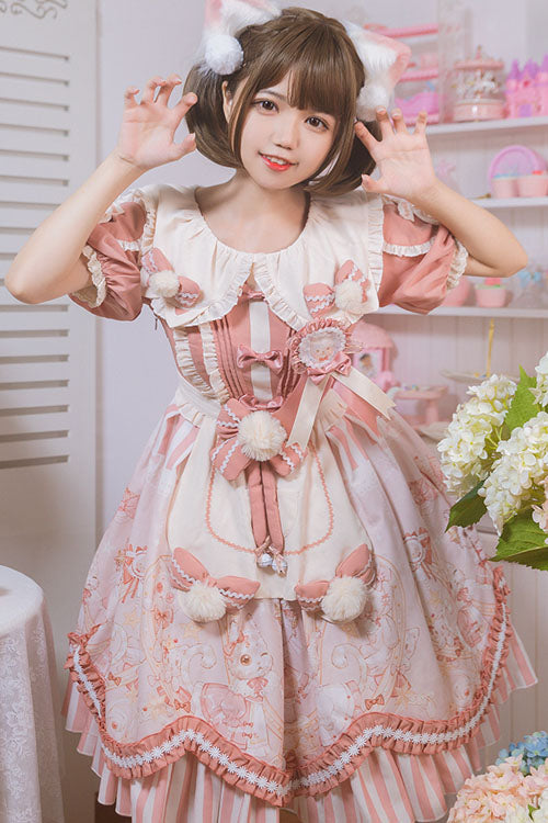 Light Pink Cat Print Square Collar Bowknot Ruffled Short Sleeves Sweet Lolita OP Dress