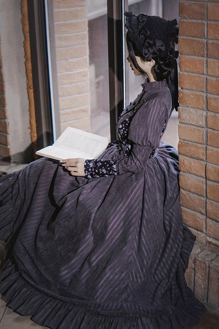Gray Stripes Print Long Sleeves Classic Lolita Dress