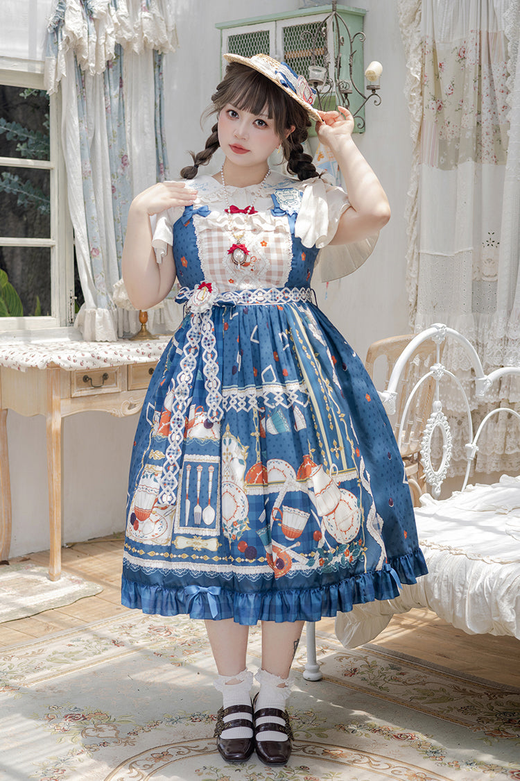 Dark Blue Tea Party Print Ruffle Bowknot Lace Sweet Elegant Lolita Jsk Dress