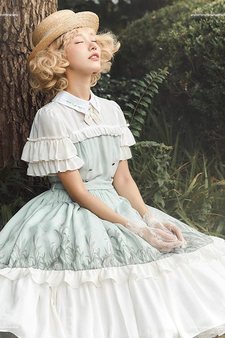 White/Green Lapel Collar Wizard Of Oz Short Sleeves Ruffle Bowknot Sweet Lolita Dress