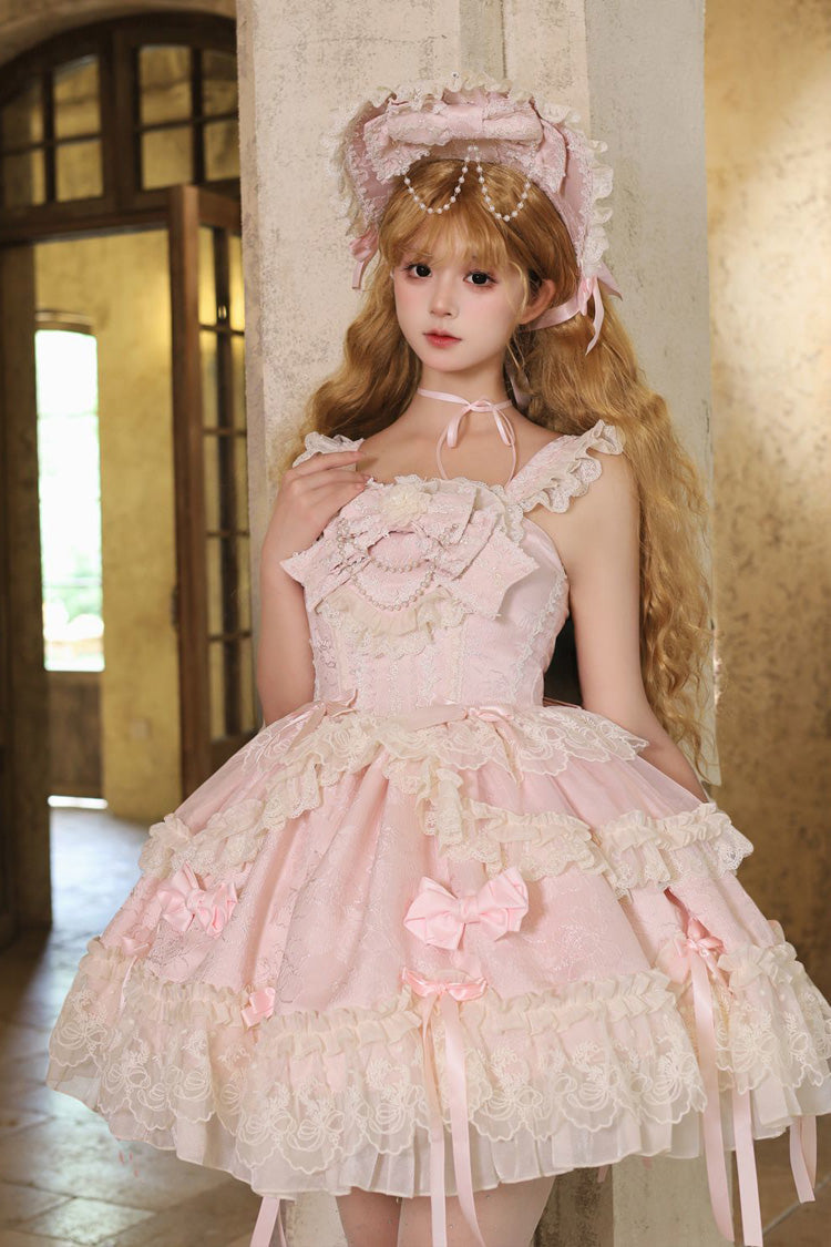 Pink Blossoming Heart Love  Sleeveless Dark Jacquard Print Bowknot Lace Sweet Lolita Jsk Dress