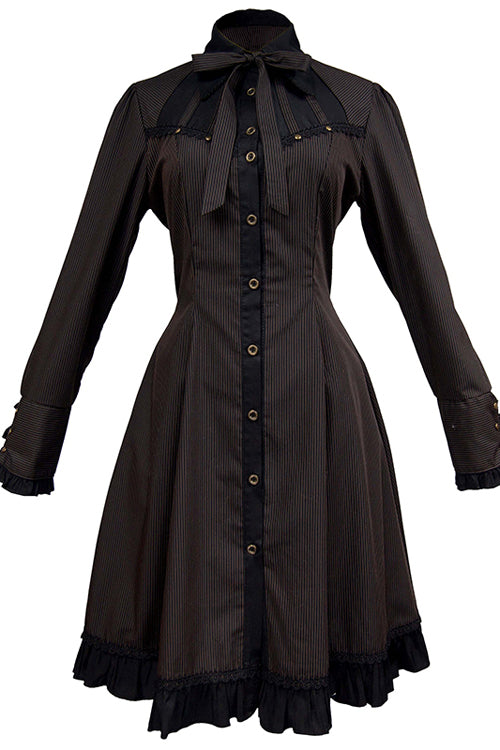 Black/Brown Single Breasted Long Sleeves Ruffled Striped Print Ouji Lolita Dress