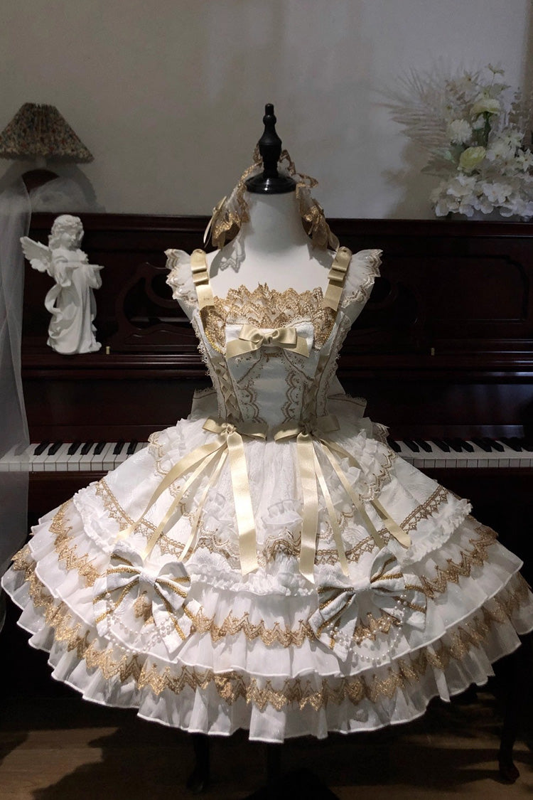 White Gilded Memories Sleeveless Double-Layered Ruffle Hot Stamping Bowknot Lace Sweet Lolita Jsk Dress