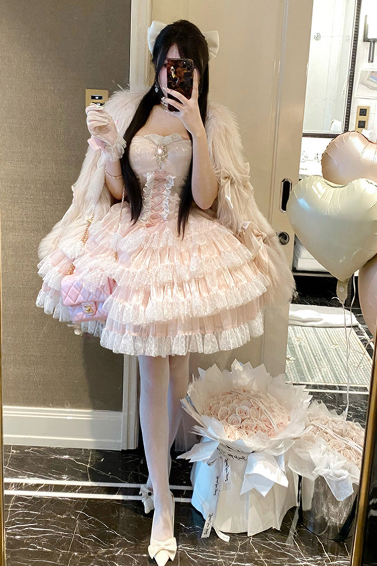 Pink Heartbeat at First Sight Off Shoulder Sleeveless Multi-Layered Ruffle Bowknot Lace Lace-Up Sweet Princess Gorgeous Lolita Dress