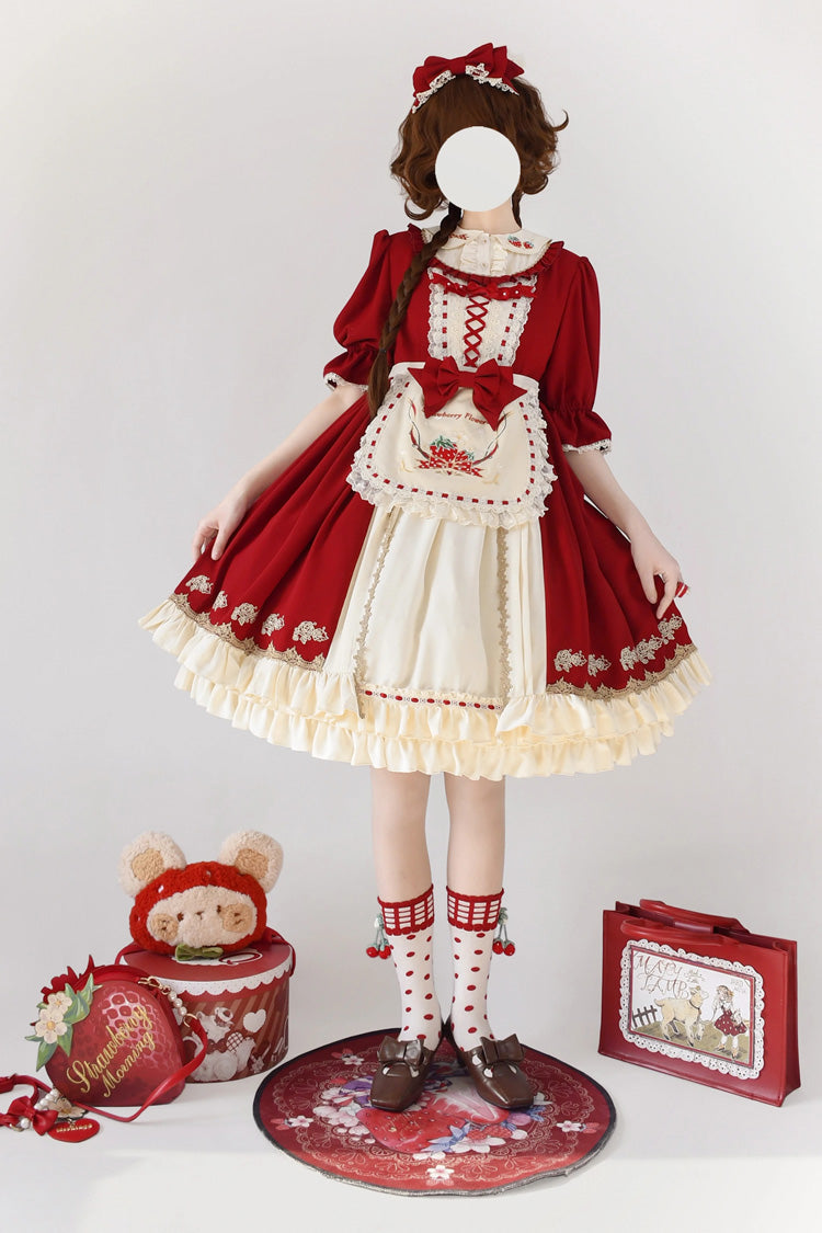 Red Tochigi Girl Double-Layered Ruffle Embroidery Cardigan Sweet Lolita Dress Full Set