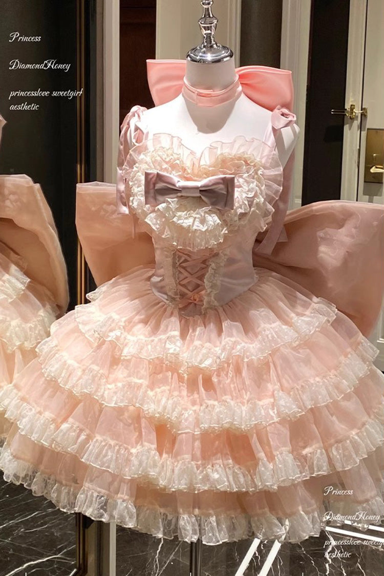Pink Multi-Layered Ruffle Bowknot Lace Sweet Princess Lolita Jsk Dress