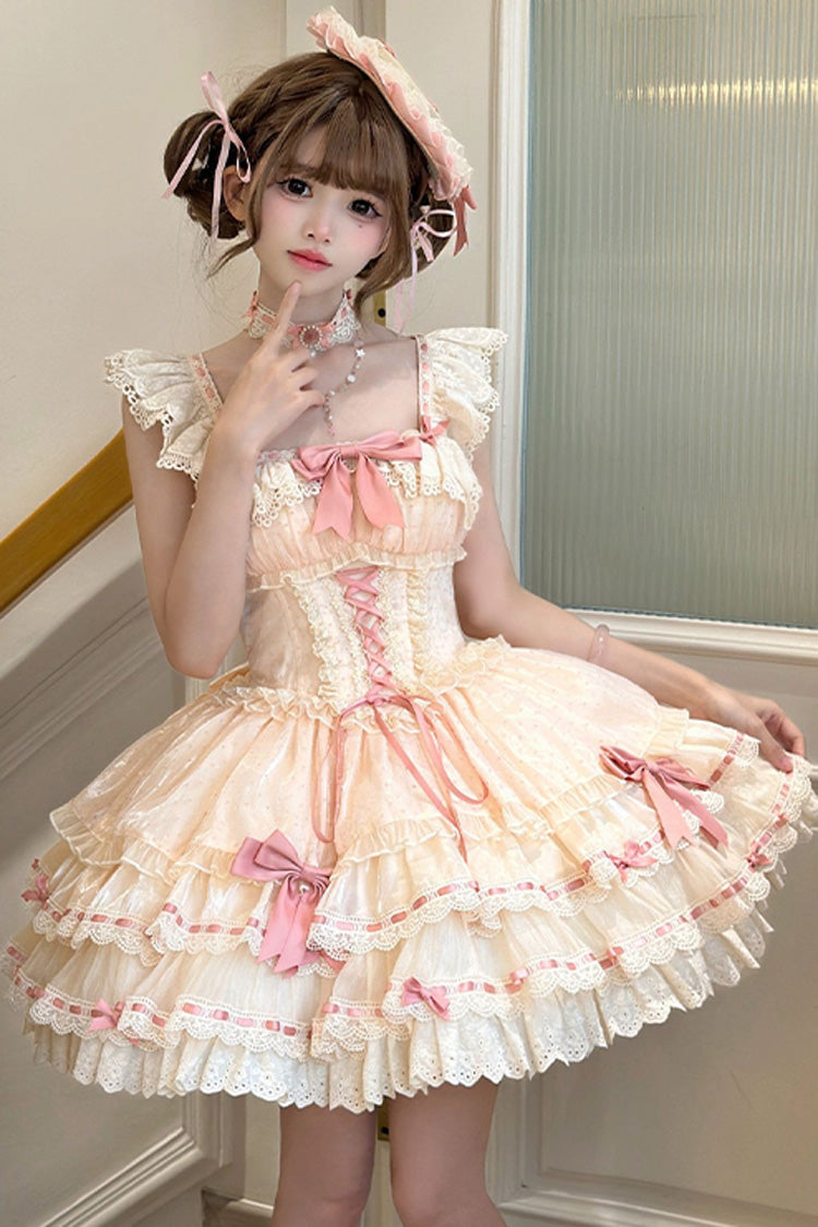 Apricot Flory Butterfly Double-Layered Ruffle Bowknot Lace Lace-Up Sweet Ballet Lolita Jsk Dress