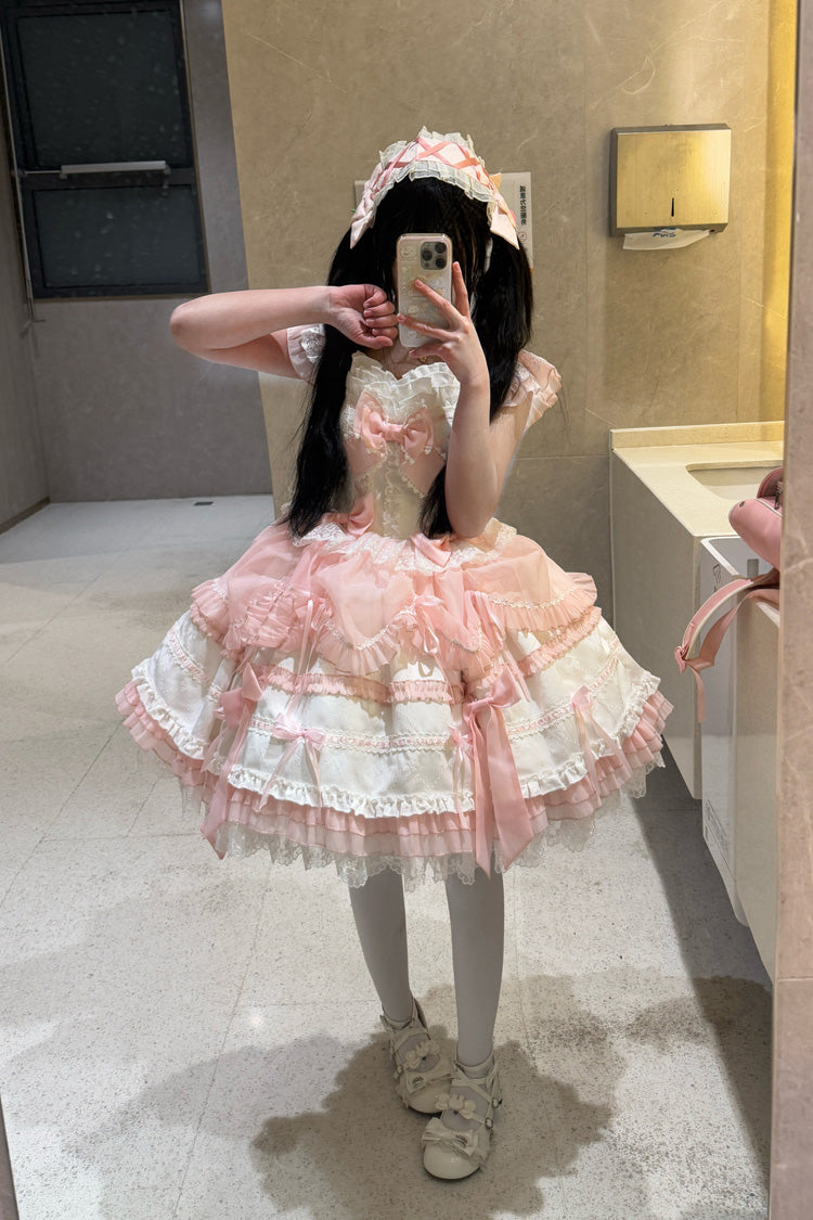 White/Pink Sleeveless Triple-Layered Ruffled Bow Lace Sweet Princess Ballet Lolita Jsk Dress