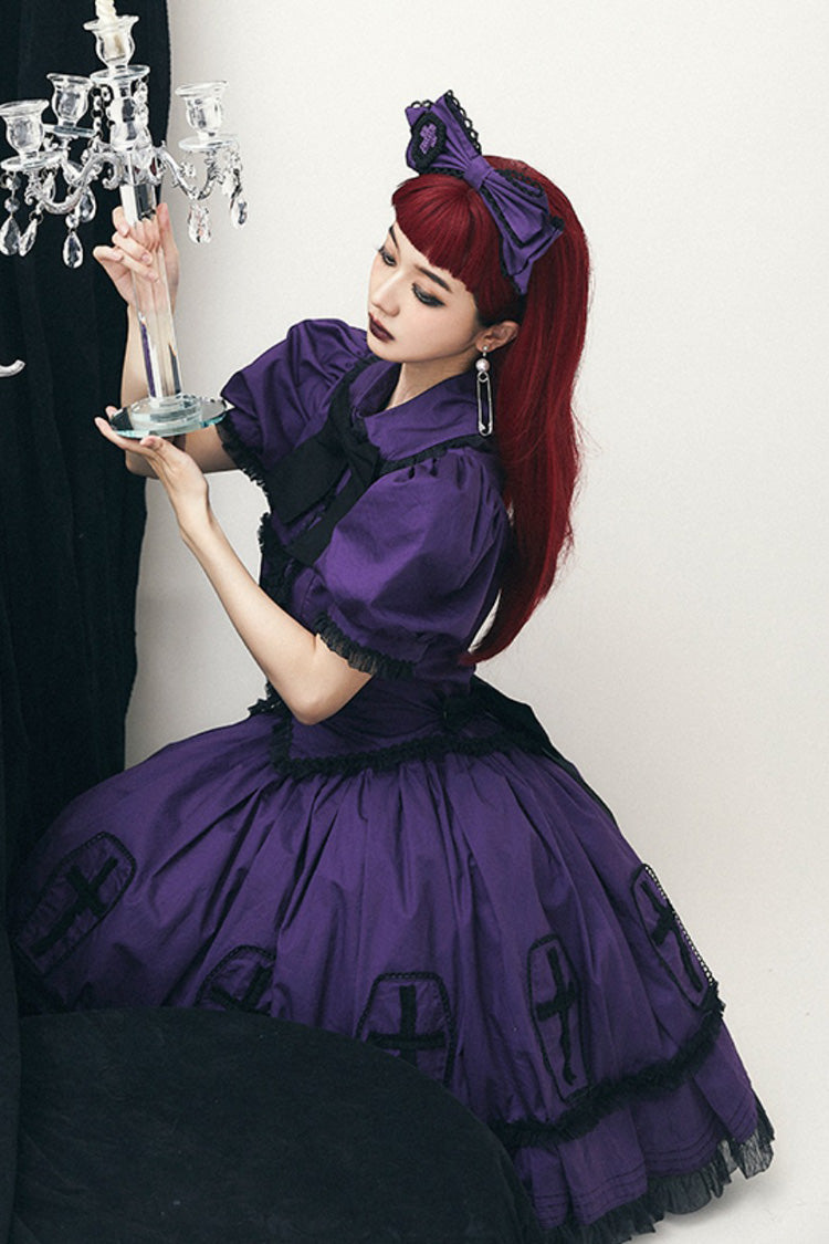 Purple Halloween Cross Short Puff Sleeves Two Pieces Gothic Lolita Dress