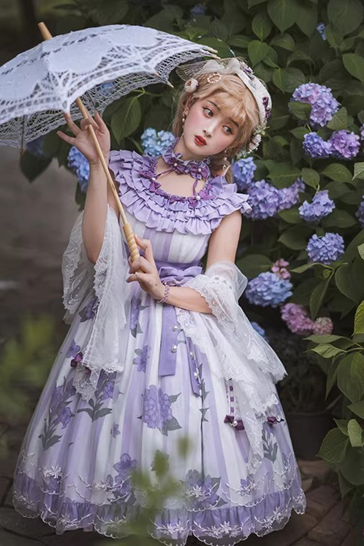 Purple Endless Summer Round Collar Sleeveless Hime Sleeves Printed Ruffled Bow Lace Sweet Lolita Dress