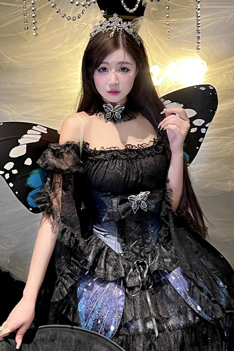 Black Sparkling Butterfly Print Bowknot Sweet Lolita Skirt