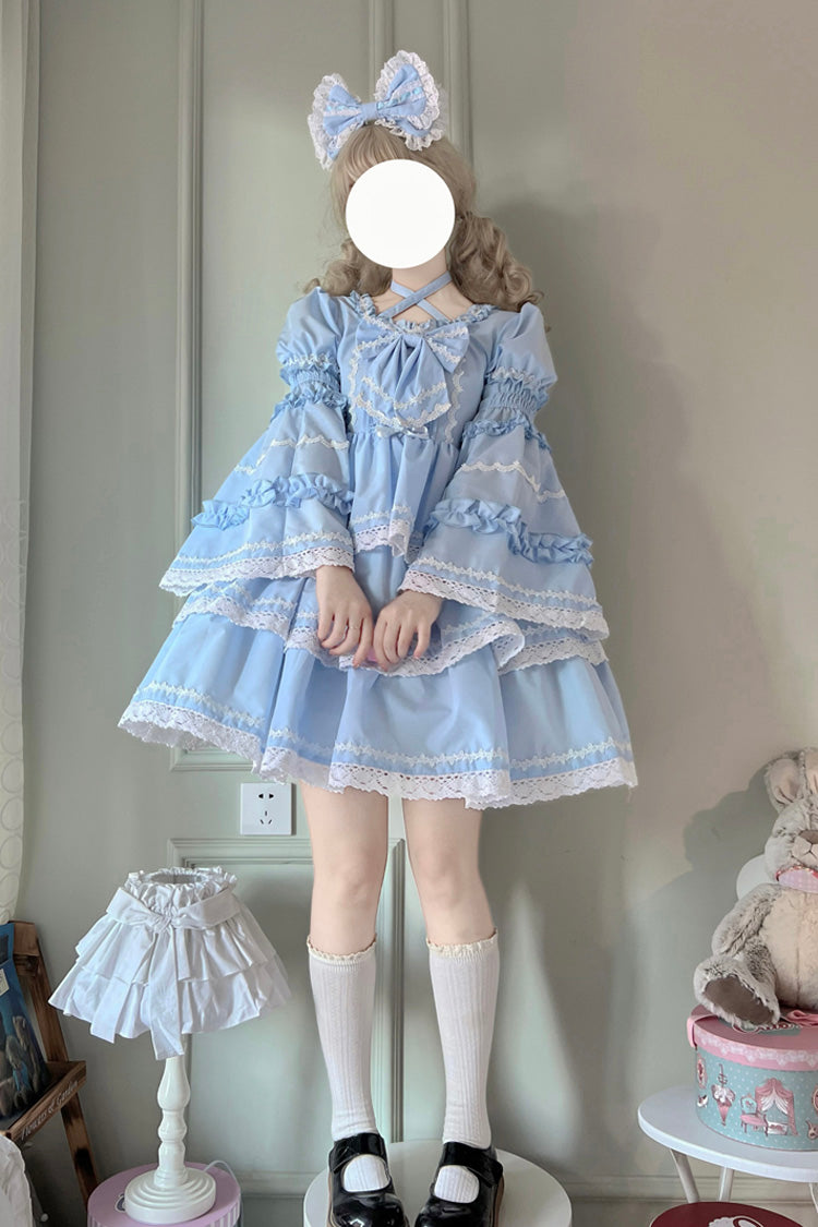 Blue Triple-Layered Detachable Sleeves Bowknot Lace-Up Sweet Lolita Dress