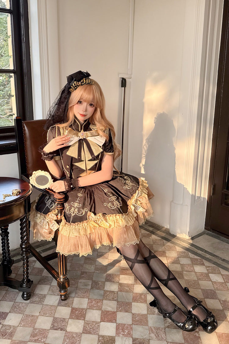 Black Gilded Oath Short Sleeves Double-Layered Ruffle Embroidery Bowknot Gothic Lolita Dress