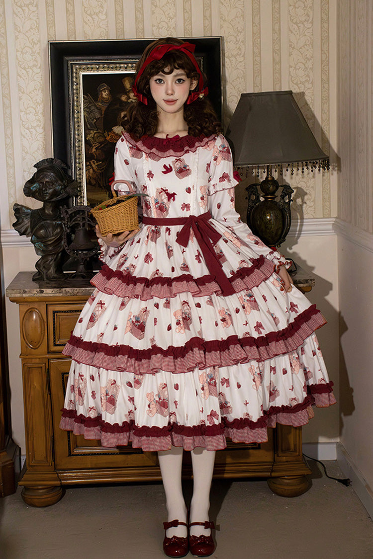 White/Pink Bell Strawberry Farm Print Long Sleeves Triple-Layered Ruffle Sweet Lolita Dress