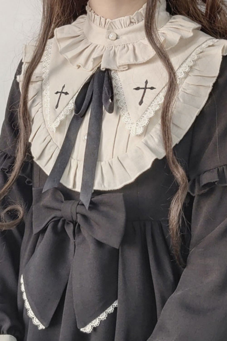 Black Round Collar Chest Bow Cross Print Ruffled Sweet Lolita Op Dress