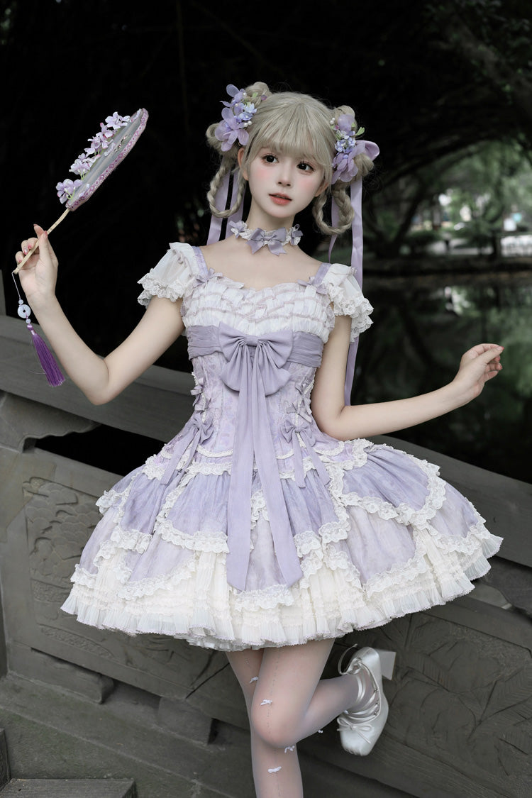 Purple Floral Dream Short Sleeves Multi-Layered Ruffle Embroidery Bowknot Lace-Up Sweet Elegant Ballet Lolita Jsk Dress