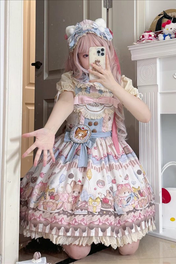 Multi-Color Sleeveless Cat Dessert Print Ruffle Bowknot Lace Sweet Japanese Lolita Strap Dress