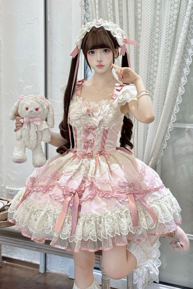 Pink Dreaming Butterfly Multi-Layered Jacquard Ruffle Bowknot Lace Sweet Princess Lolita Jsk Dress