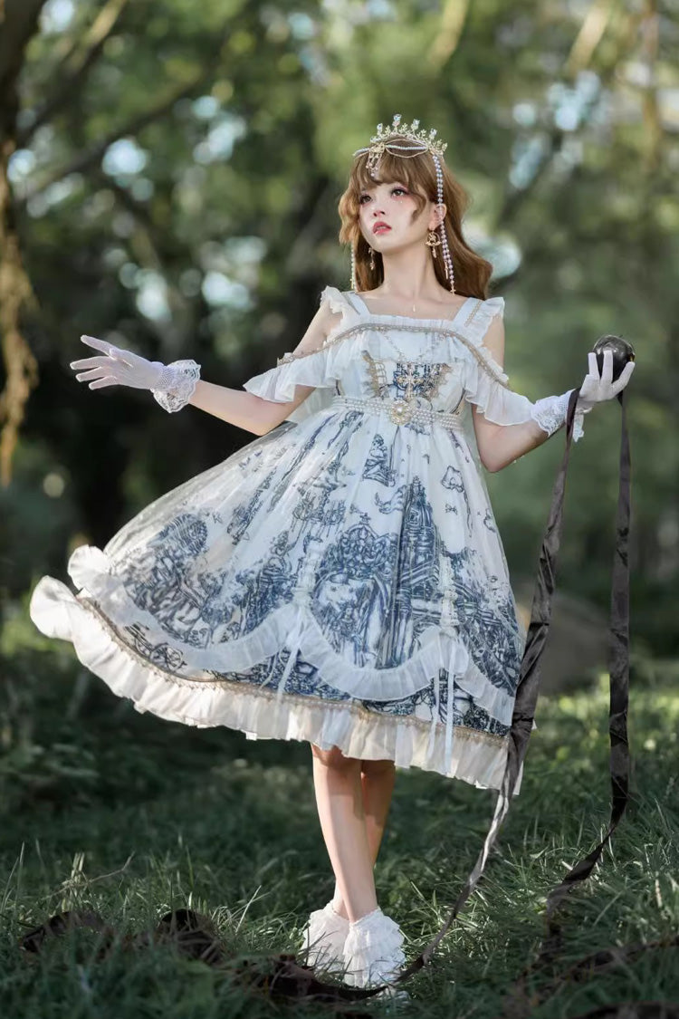 White Castle Feast Print Ruffle Bowknot Gothic Princess Lolita Jsk Dress