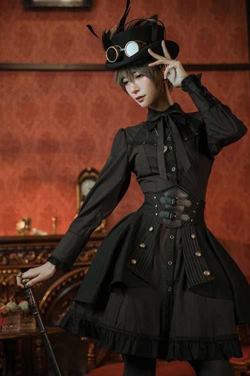 Black/Brown Single Breasted Long Sleeves Ruffled Striped Print Ouji Lolita Dress