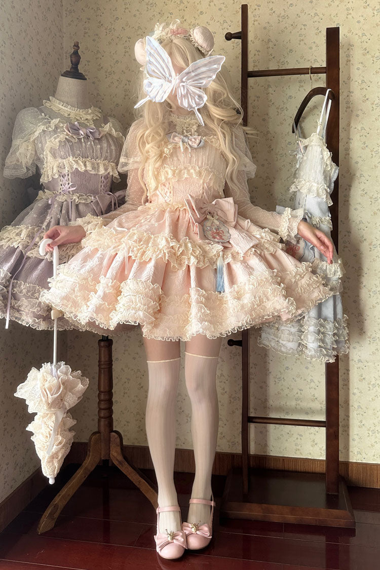 Good Night, Peach Sleeveless Multi-Layered Ruffled Bow Lace Sweet Chinese Style Lolita Jsk Dress 3 Colors