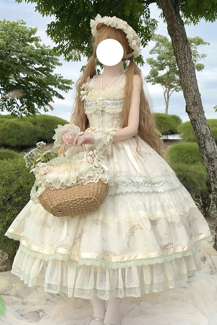 Multi-Color Daisy Poetry Print Ruffle Hollow Embroidery Lace Sweet Elegant Princess Lolita Jsk Dress