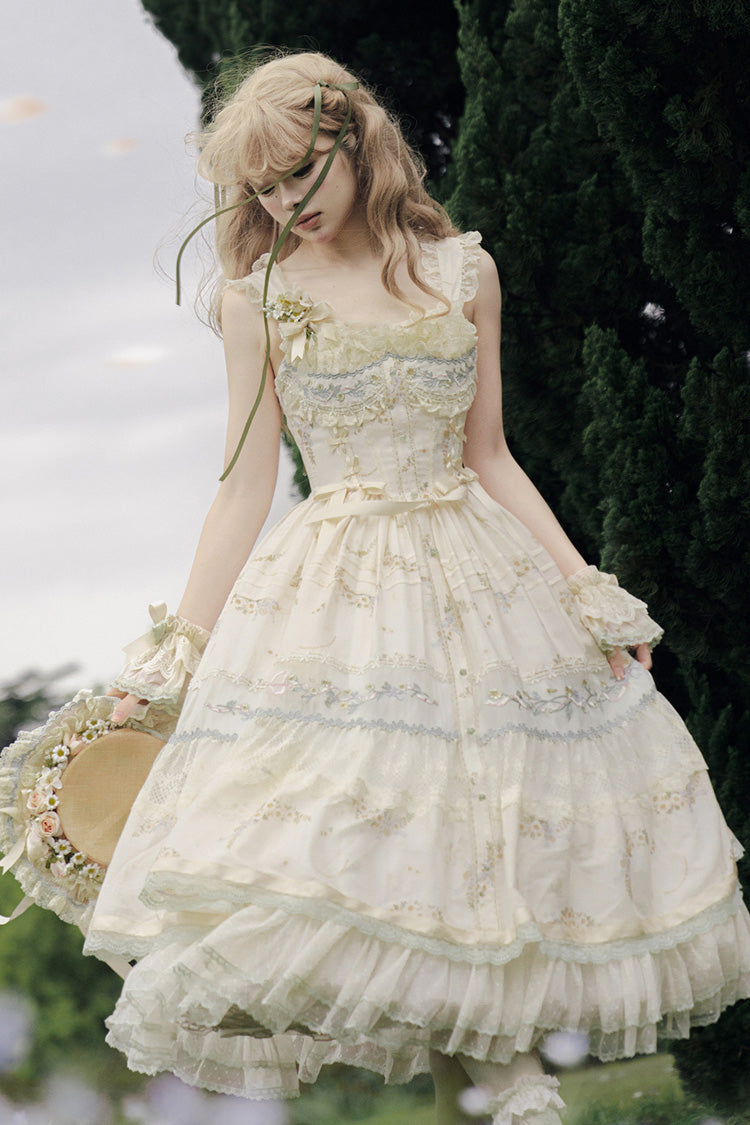 Multi-Color Daisy Poetry Print Ruffle Hollow Embroidery Lace Sweet Elegant Princess Lolita Jsk Dress