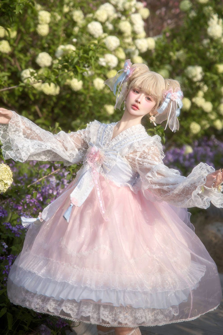 Peach Blossoms in Spring Fields Sleeveless Ruffle Bowknot Lace Sweet Chinese Style Lolita Jsk Dress 3 Colors