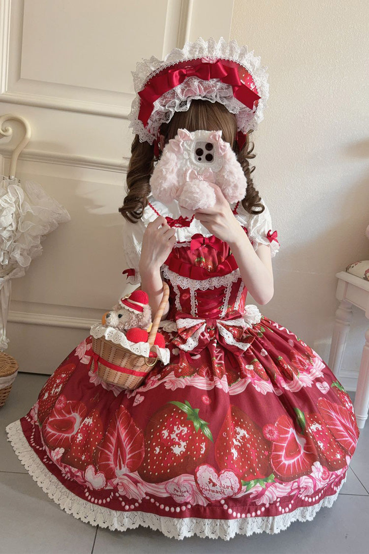 Sweet Berry Tale Strawberry Print Ruffle Bowknot Lace Sweet Lolita Jsk Dress 4 Colors