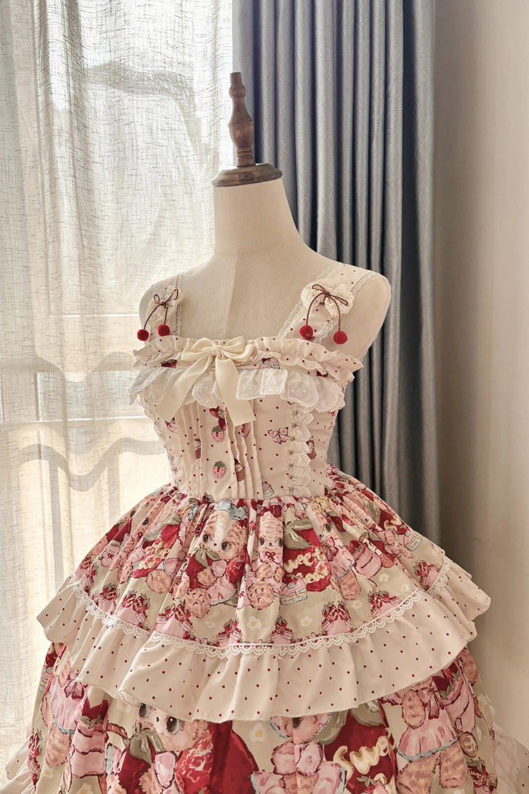 Ivory Strawberry Bear Sleeveless Double-Layered Print Ruffle Bowknot Sweet Princess Lolita Jsk Dress