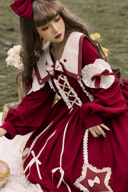 Round Collar Chiffon Ruffled Lantern Sleeves Pentagram Embroidered High Waisted Sweet Lolita OP Dress