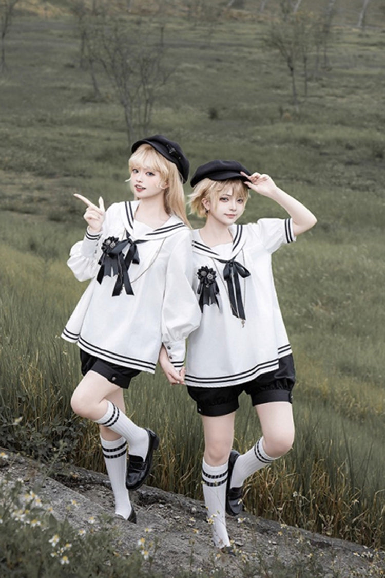 Black/White Old Stories Navy Collar Short Sleeves Bowknot Ouji Gothic Lolita Blouse Shorts Set