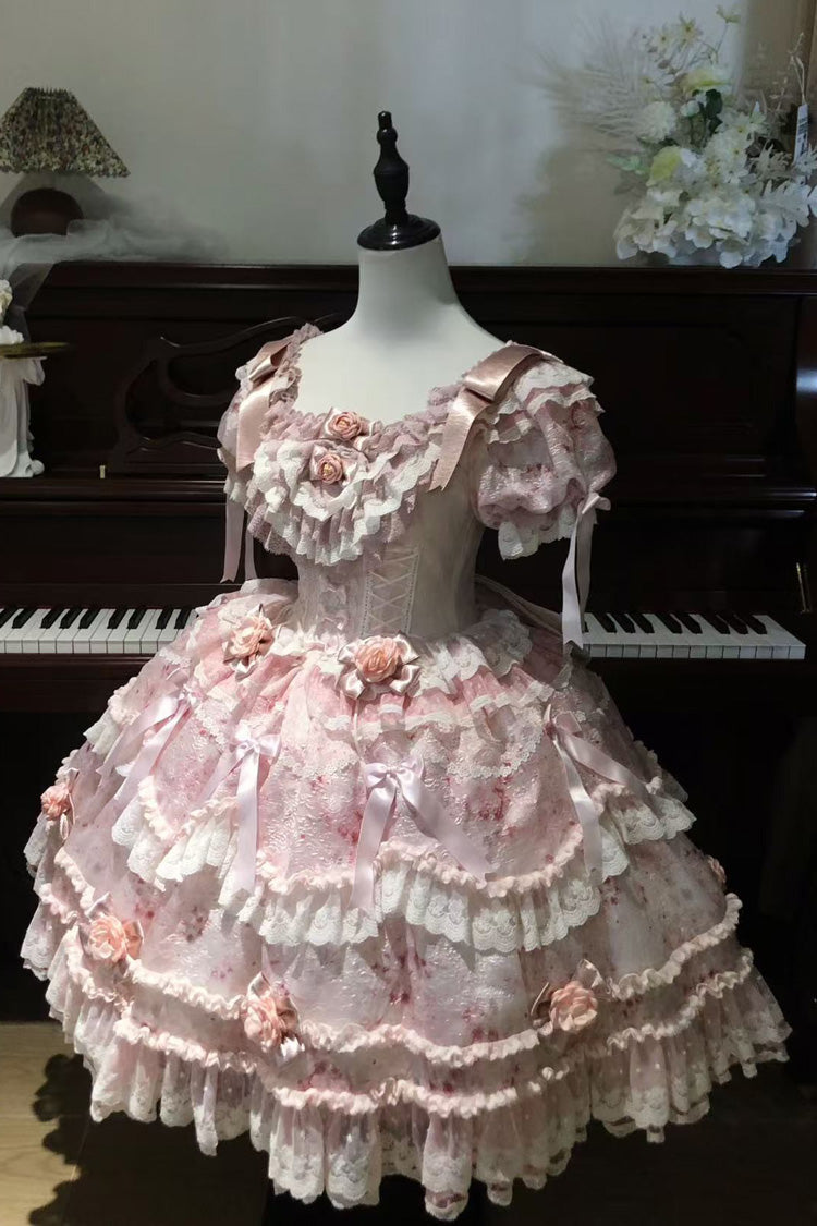 Pink Rose Manor Short Puff Sleeves Ruffle Bowknot Lace Sweet Japanese Princess Lolita Dress