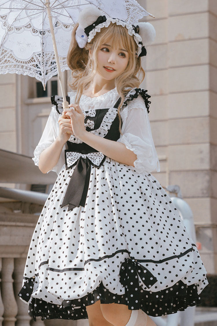 White/Black Polka Dot Print Bowknot Princess Sweet Lolita Suspender Dress