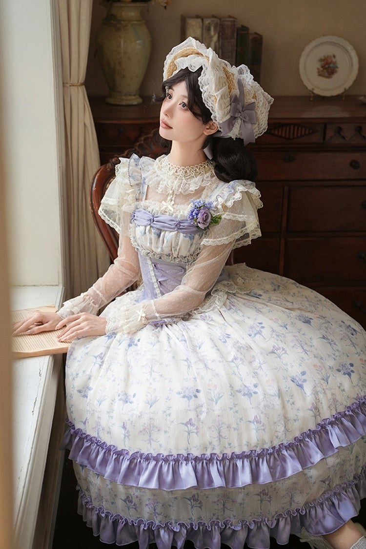 Purple/Ivory Iris Secrets Double-Layered Print Ruffle Bowknot Lace-Up Fake Two Pieces Sweet Lolita Jsk Dress