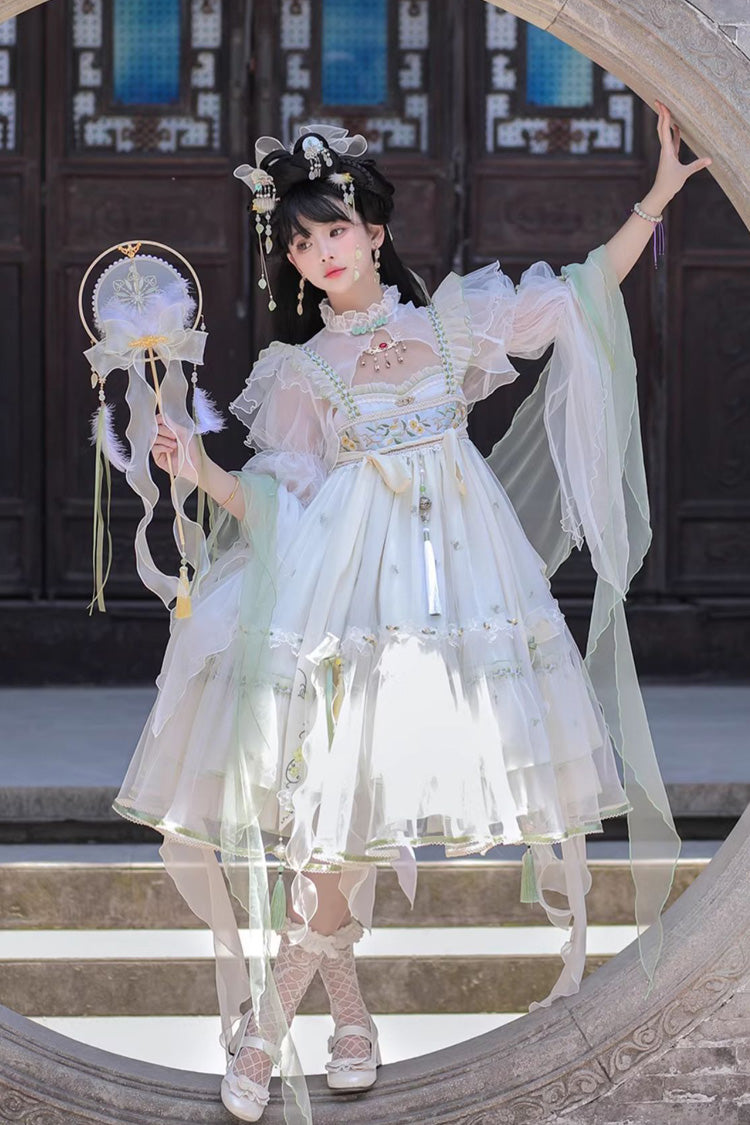 Ivory Luo Ling Fu Ruffle Embroidery Bowknot Lace Sweet Chinese Style Lolita Jsk Dress