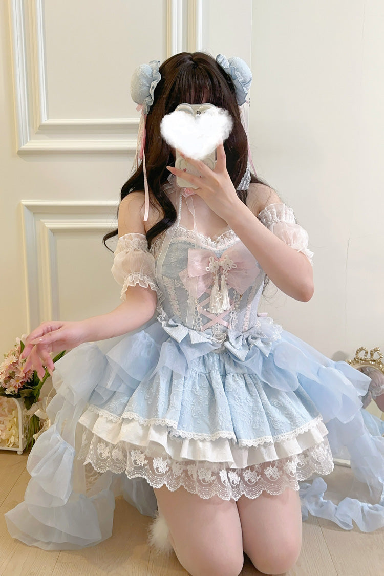 Blue Rain and Flowers Halterneck Jacquard Ruffle Bowknot Lace Sweet Lolita Jsk Dress