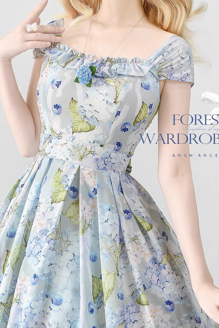 Blue Forest Basket Blueberry Hydrangea Print Bowknot Chiffon Sweet Elegant Lolita Jsk Dress