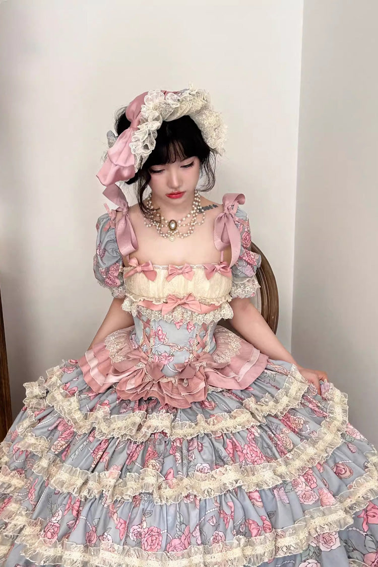 Blue/Pink Gem Rose Multi-Layered Ruffle Bowknot Lace Sweet Princess Lolita Skirt 2 Versions