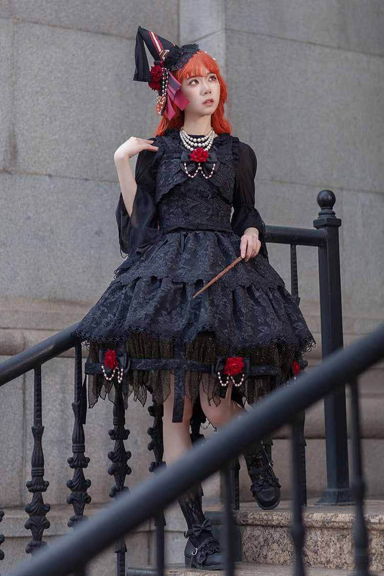 Black Apprentice Witch Double-Layered Ruffle Lace Gothic Lolita Skirt