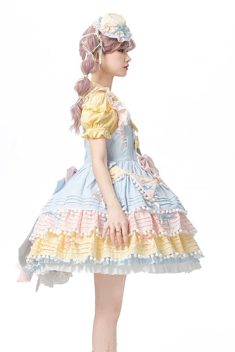 Blue/Pink/Yellow Sweetheart Macaron Ice Cream Multi-Layered Ruffle Bowknot Sweet Lolita Dress