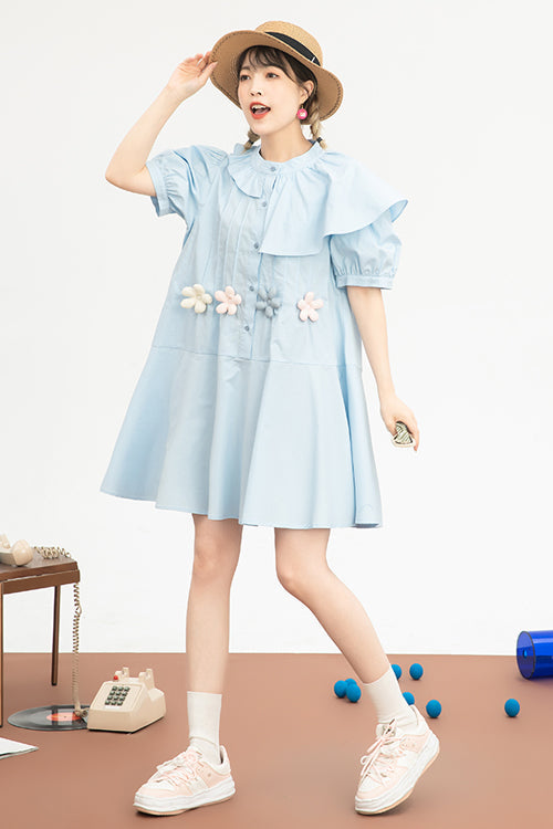 Blue Irregular Ruffled Round Collar Bubble Short Sleeves Waist With Flower Accessories High Waisted Sweet Lolita Dress