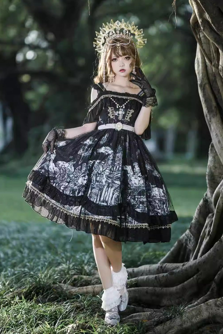 Black Castle Feast Print Ruffle Bowknot Gothic Princess Lolita Jsk Dress