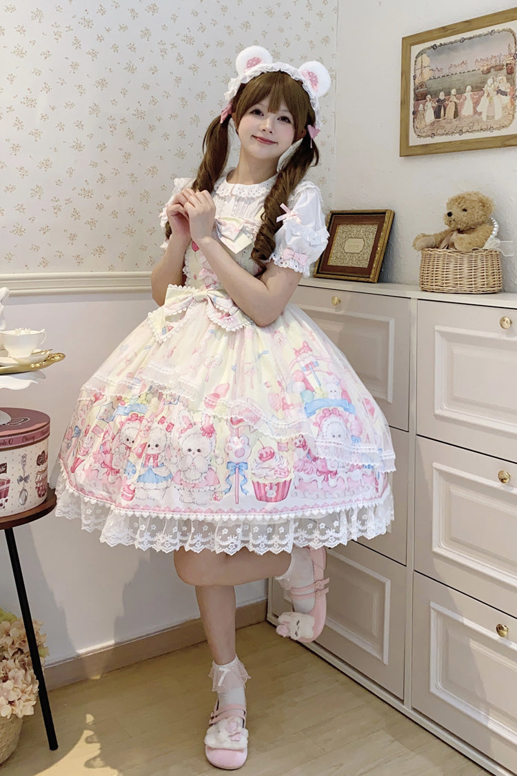 Yellow Cute Rabbit Sweet Cake Print Ruffle Bowknot Lace Sweet Lolita Jsk Dress