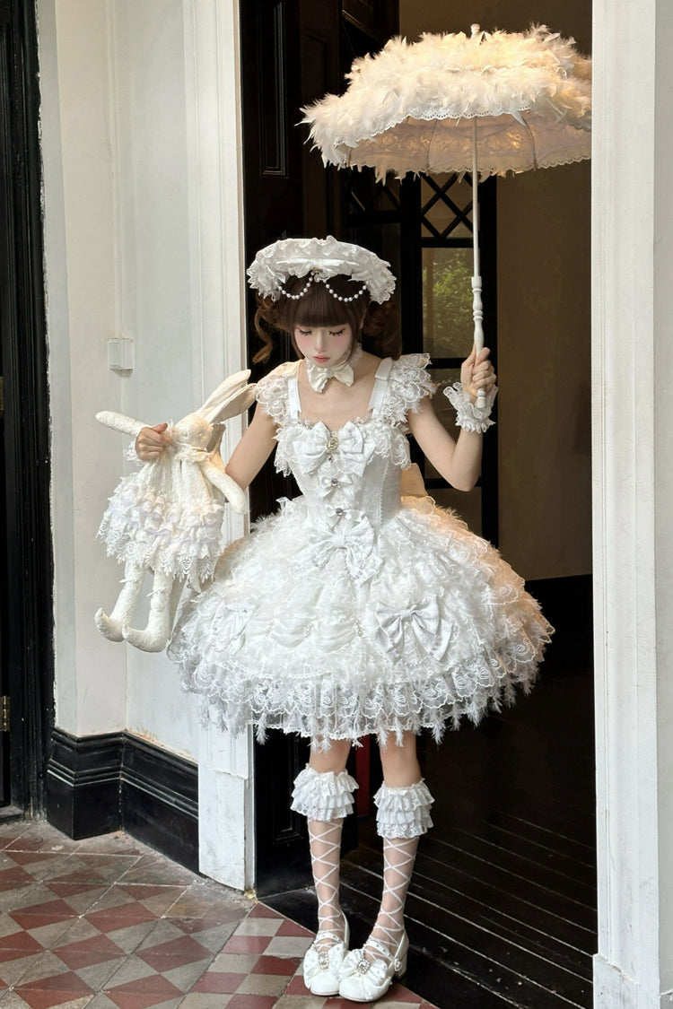 White Cloudborne Snowfeather Sleeveless Multi-Layered Hanayome Bowknot Pearl Gothic Lolita Jsk Dress