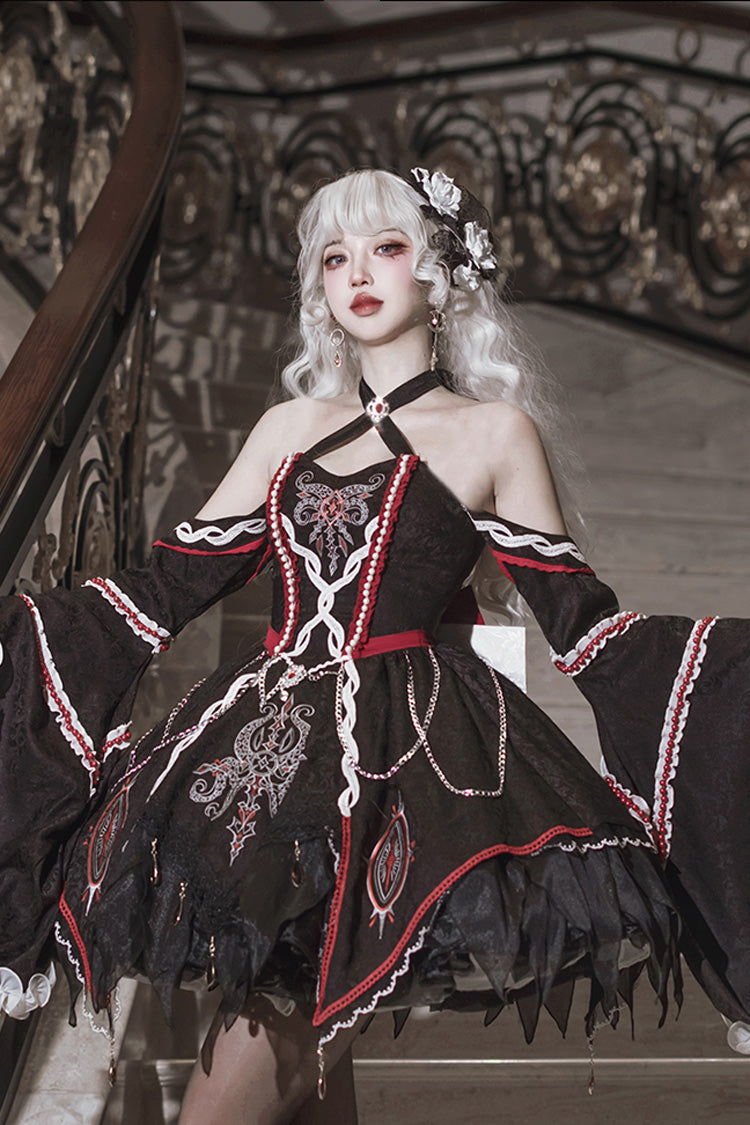 Black Phantom Devourer Off Shoulder Long Hime Sleeves Print Embroidery Gothic Lolita Dress