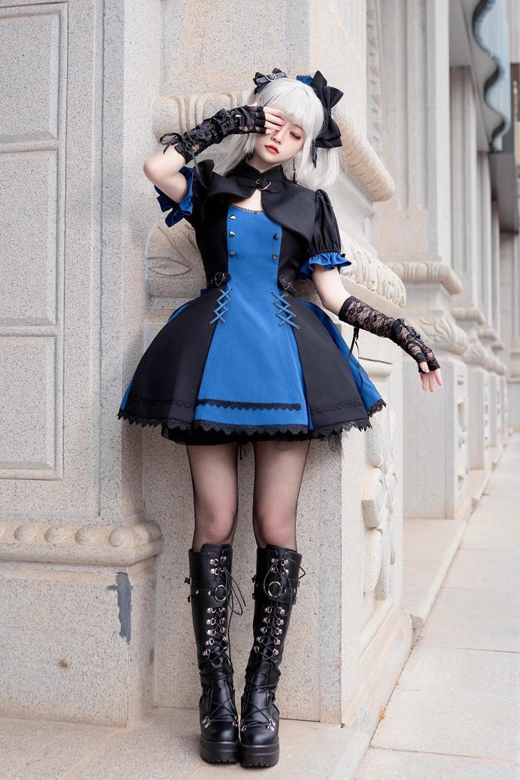 Black/Blue Night Liana Ruffle Bowknot Lace-Up Sweet Japanese Lolita Jumper Dress Set