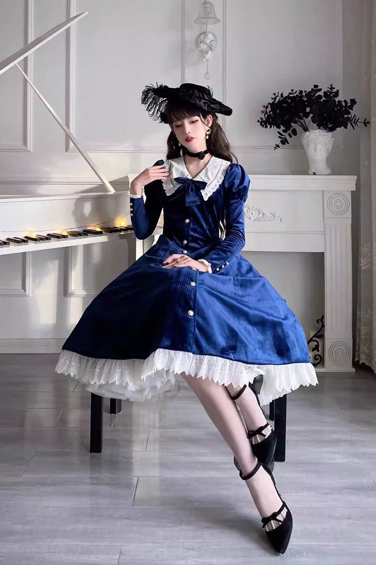Vintage Lapel Collar Long Sleeves Ruffle Bowknot Elegant Lolita Dress 3 Colors